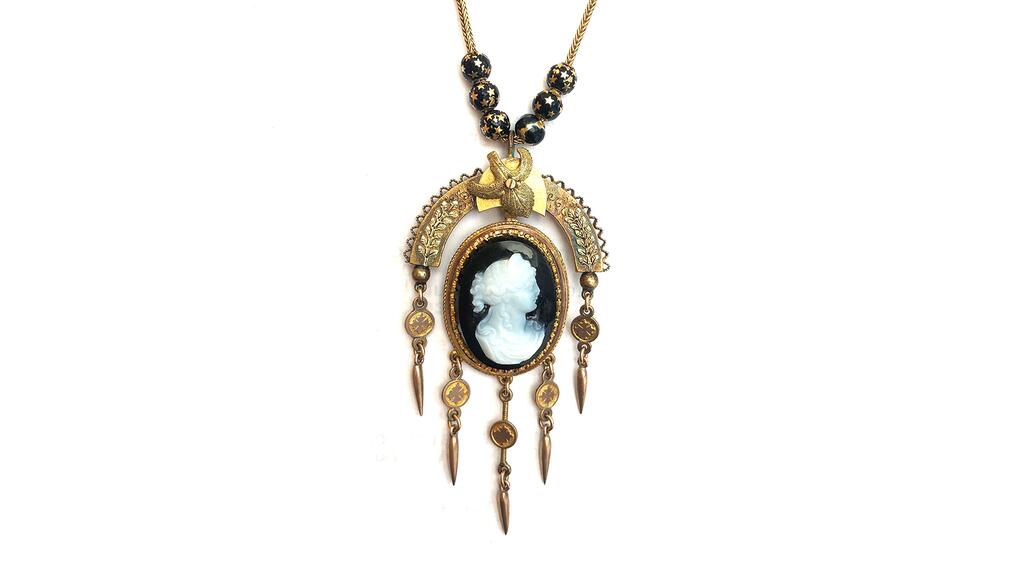 A 14-karat gold and onyx Victorian cameo necklace, courtesy of Windsor Jewelers 20221027_3-Creepy Jewelry.jpg